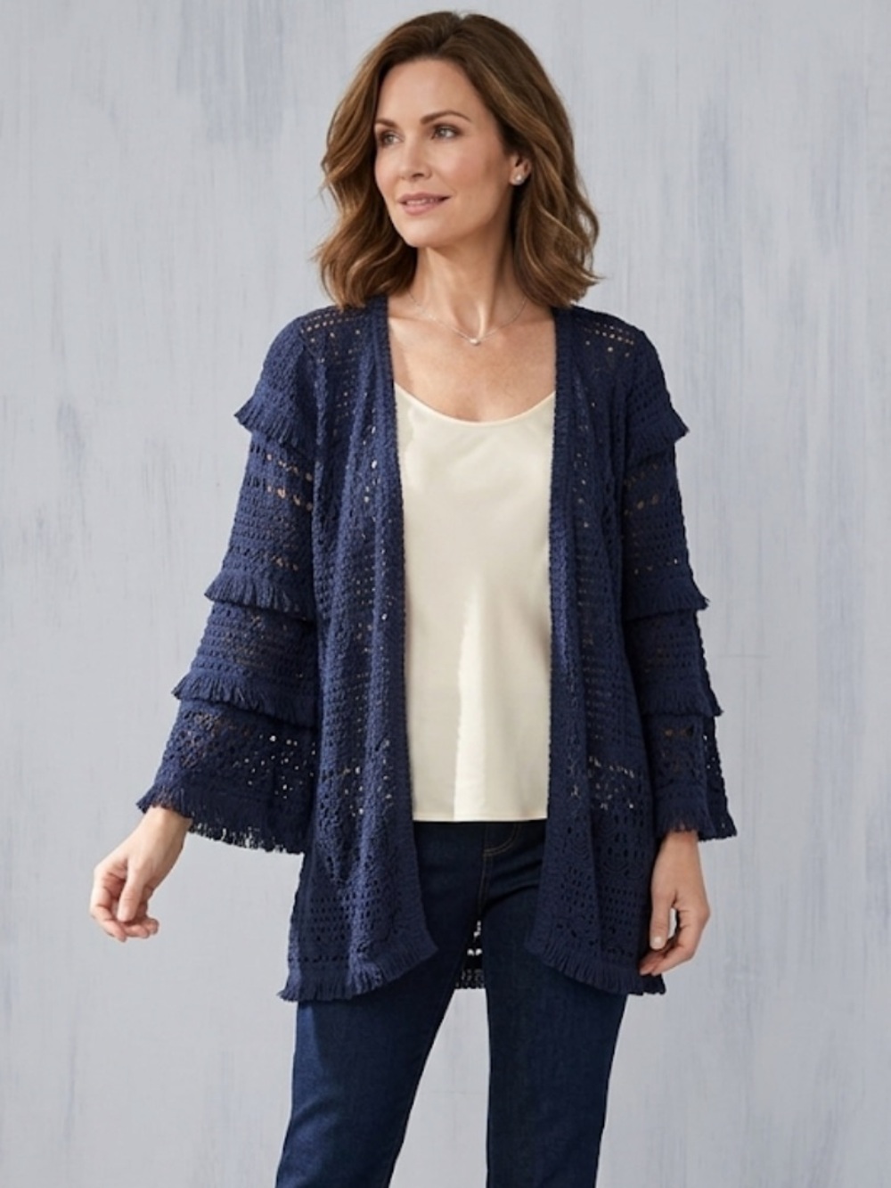 Chico’s Navy Open Knit Wide Sleeve Boho Cardigan Size S
